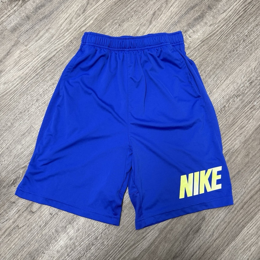 Nike Dri-fit Shorts Youth Boys XL Blue‎ Yellow Spell Out Logo Athletic